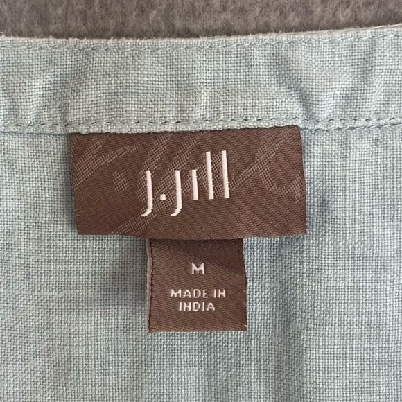 J. Jill Collarless Linen Jacket Medium Blue Beachy Coastal Top Pockets Old Money - Picture 6 of 9